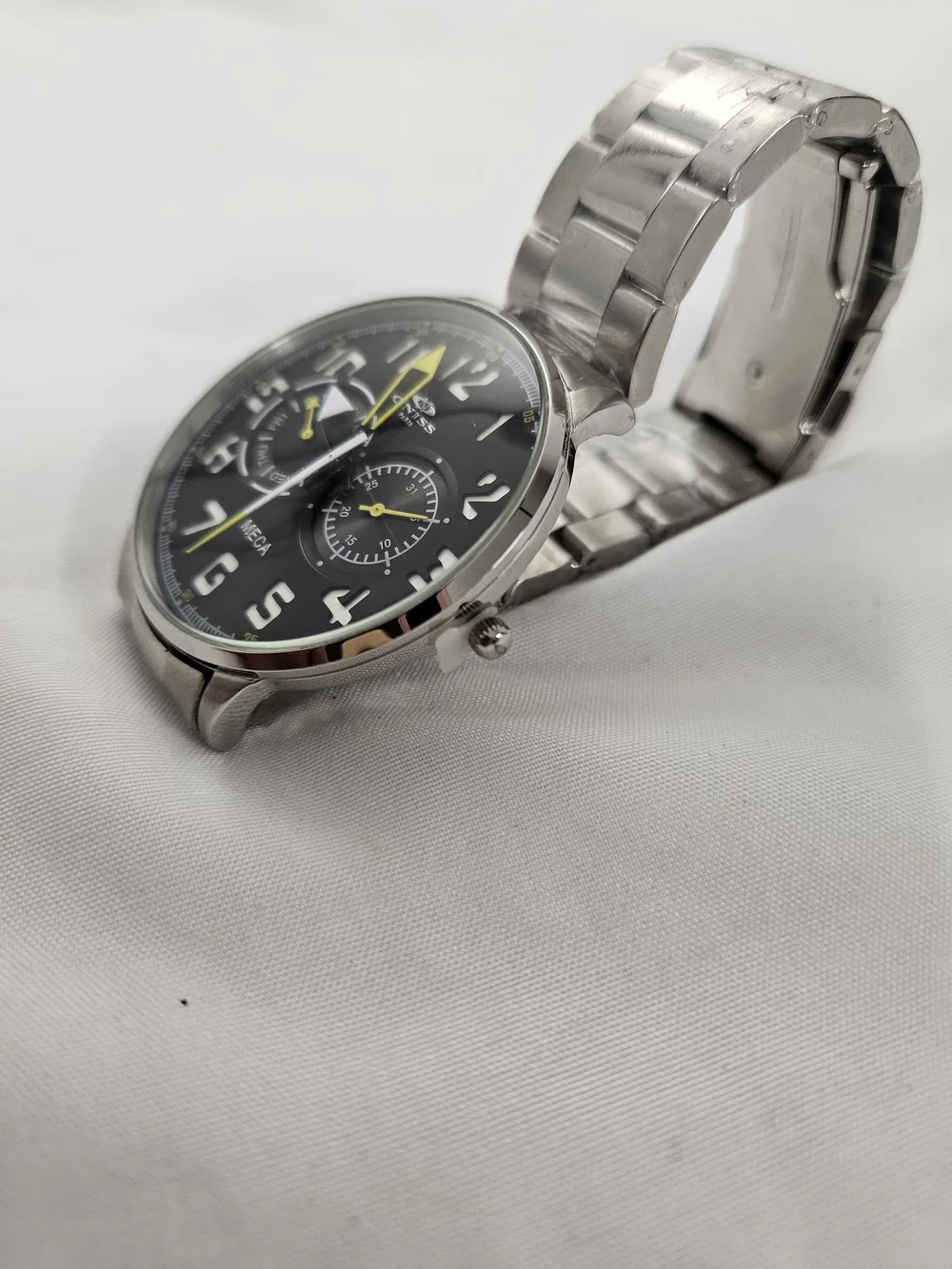 Men's Stainless Steel Watch with Black Dial and Yellow‎ Accents